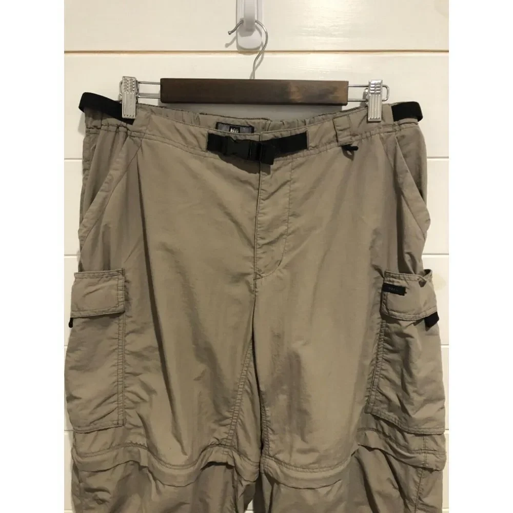 WOMENS REI TAN KHAKI CONVERTIBLE ZIP OFF‎ NYLON HIKING PANTS SHORTS UPF 50 SZ 14